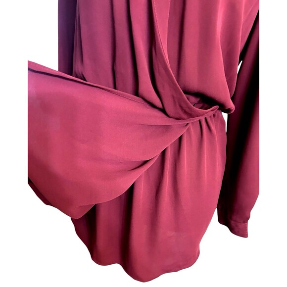 Cache Burgundy Wrap V Neck Back Long Sleeves Elastic Waist Mini Dress Sz S - Picture 10 of 12
